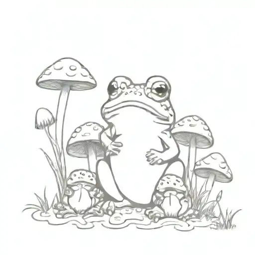 toad sitting surrounded by 4 toadstools with magic flurries  tattoo design idea