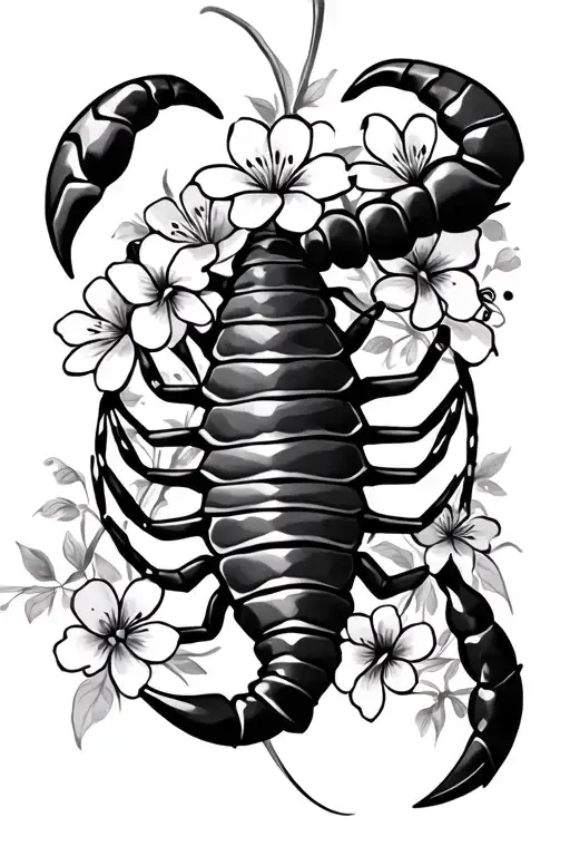 tribal scorpion with flowers blooming tattoo design idea