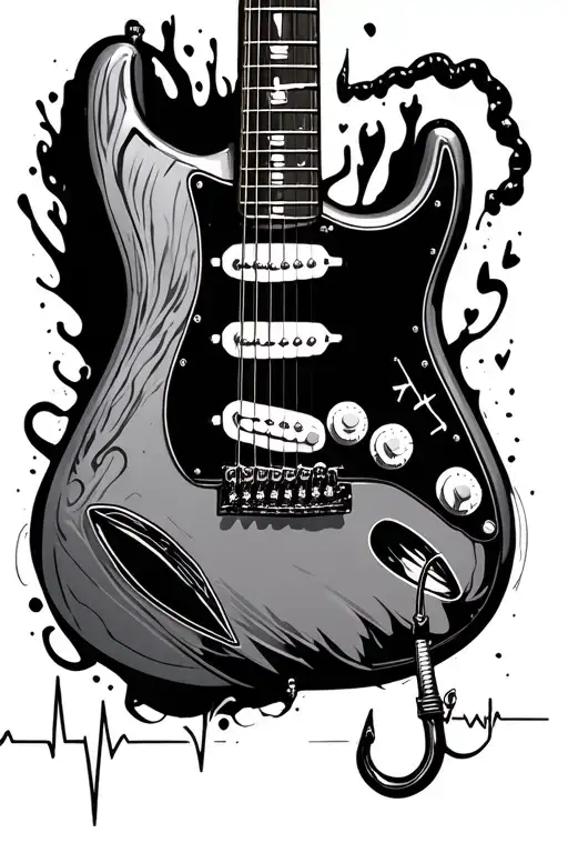 fender stratocaster guitar, ps5 controller, fishing hook, heart beat tattoo design idea