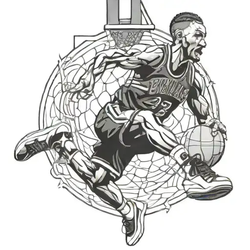 A basketball player wearing Jordan shoes dunking a basketball with the Chicago Bulls logo in the background tattoo design idea