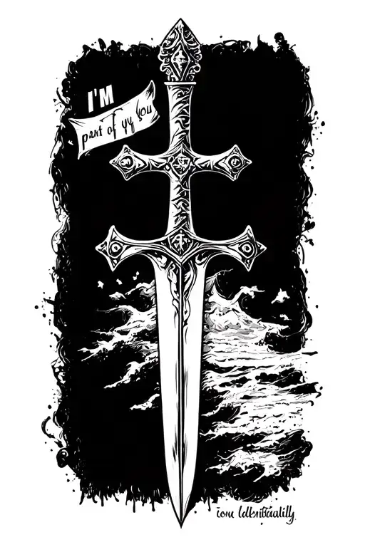 "I'm part of you indefinitely" with biblical looking sword making a cross from top to bottom of writing  tattoo design idea