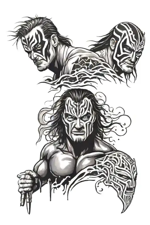 a tattoo where the front is a WWE Kane mask, the left side is Sting’s face paint, the right side is WWE Mankind’s mask,  tattoo design idea