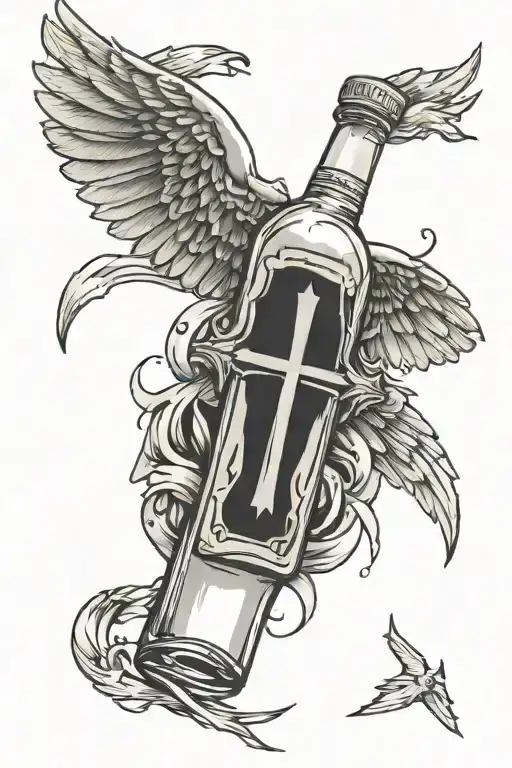 cross tattoo featuring a broken alcohol bottle and freedom flag with angle wings tattoo design idea