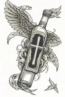 cross tattoo featuring a broken alcohol bottle and freedom flag with angle wings tattoo design idea