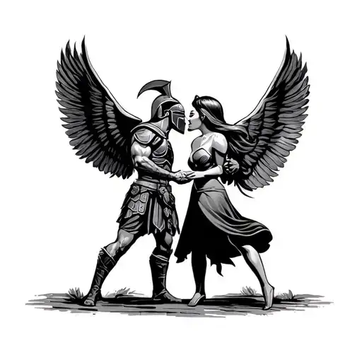 spartan warrior who is kissing is wife holding hands tattoo design idea