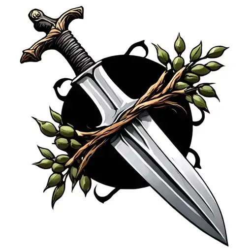 Roman sword with thorned olive branches wrapped around it tattoo design idea