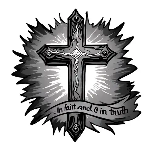 Cross with saying "in faint and in truth" tattoo design idea