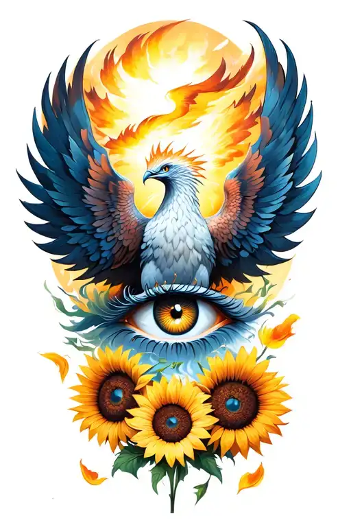 phoenix rising above, beautiful sad realistic eye, sunflowers towards the bottom of the design with a few petals falling tattoo design idea