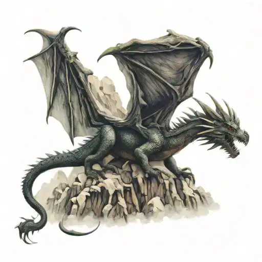 dragon in mountains tattoo design idea