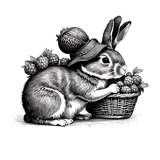 etching of a bunny wearing a basket on its back with raspberries coming out of it. wearing an acorn hat and holding a ma tattoo design idea