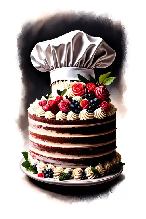 A realistic tattoo of a beautifully decorated cake with a baker's hat on top tattoo design idea