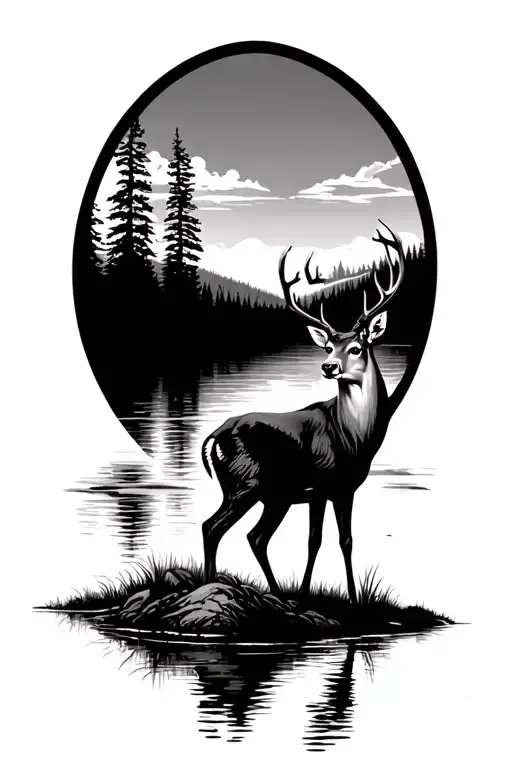 white tail deer eating by lake with sunsetting  tattoo design idea