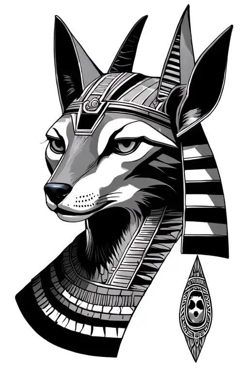 The evil Anubis Egyptian god with the face of a jackal looks full-face in black and white tattoo design idea