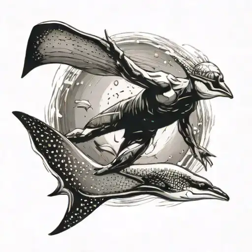 A black-grey tattoo of a diver gracefully swimming alongside an eagle ray, capturing the beauty and serenity of freediving tattoo design idea
