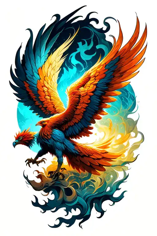 A majestic phoenix rises powerfully, wings spread wide like smoke and branches, glowing and ethereal. Below, a small eer tattoo design idea