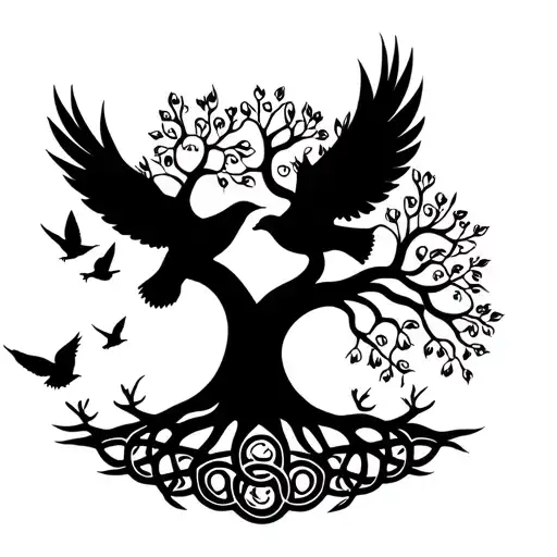 celtic tree of life with birds flying out of it symbolizing the client's love tattoo design idea