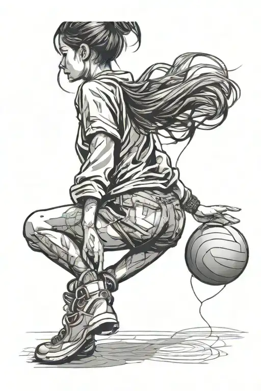 girls holds volleyball ball with a string like balloon, girls should be seen from back. it should be minimal and one lin tattoo design idea
