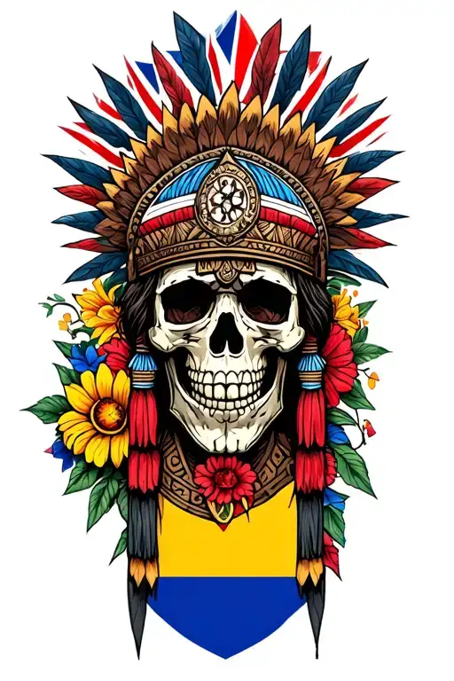 aztec warrior, skull, colourful flowers, colombia flag and union jack flag as backdrop tattoo design idea