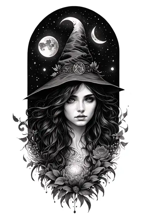 nature witch, gemini, moons tattoo design idea