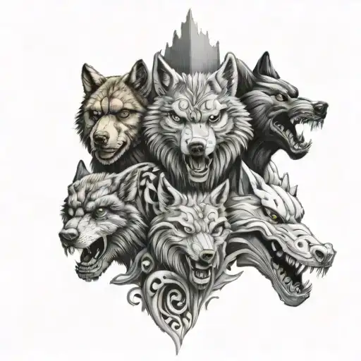 A evil realistic totem pole with the heads of a wolf, dragon, bear, shark on top of each other  tattoo design idea