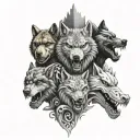 A evil realistic totem pole with the heads of a wolf, dragon, bear, shark on top of each other  tattoo design idea