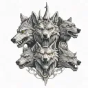 A evil realistic totem pole with the heads of a wolf, dragon, bear, shark on top of each other  tattoo design idea