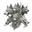 A evil realistic totem pole with the heads of a wolf, dragon, bear, shark on top of each other  tattoo design idea