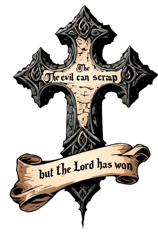 cobblestone cross with writing "the devil can scrap but the Lord has won" in old font on a scroll. tattoo design idea