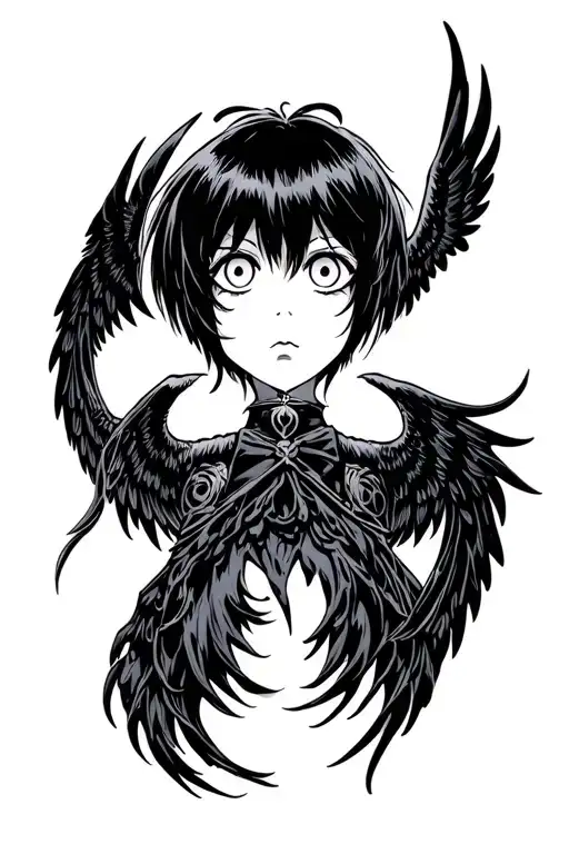 Black spread wings filled with hellsing style white eyes with read iris tattoo design idea