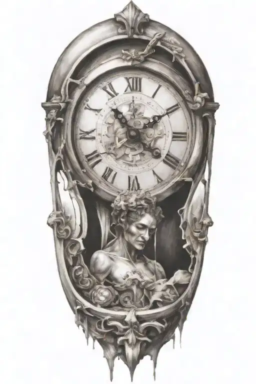 broken clock, hour glass, crying statue face morphing tattoo design idea