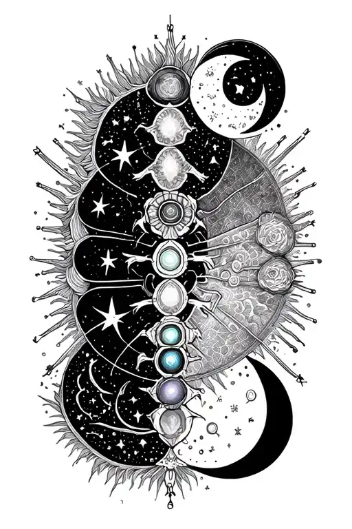cancer zodiac incorporating the 7 chakras with astrology sign entangled with sun, moon and stars  tattoo design idea