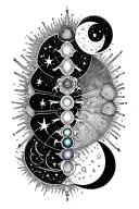 cancer zodiac incorporating the 7 chakras with astrology sign entangled with sun, moon and stars  tattoo design idea