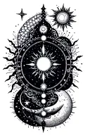 cancer zodiac incorporating the 7 chakras with astrology sign entangled with sun, moon and stars  tattoo design idea