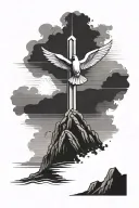 Cross on a mountain with sunshine beams behind it with the holy spirit dove flying above it tattoo design idea
