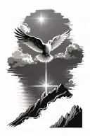 Cross on a mountain with sunshine beams behind it with the holy spirit dove flying above it tattoo design idea