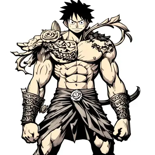 A highly detailed black ink tattoo design of a muscular anime warrior inspired by Gear 5 Luffy from One Piece. The chara tattoo design idea