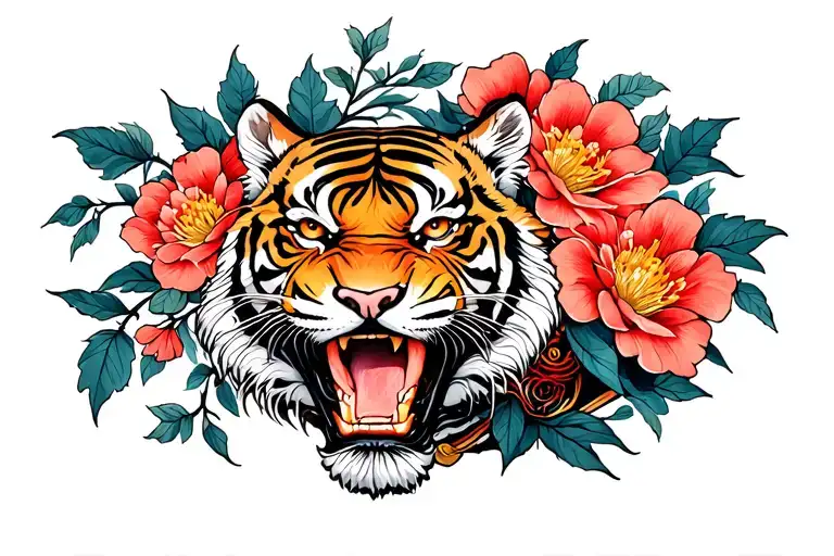 Irezumi, yakuza, japanese, flowers, tiger, vines, leaves, complex texture, complex structure tattoo design idea