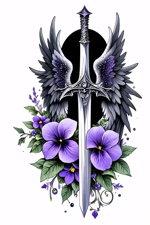 long fairy-like fantasy sword with violets flower and angel wings tattoo design idea
