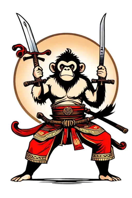simple monkey samurai japan style full body swords irezumi tattoo design idea