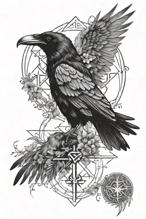 Design a Nordic-style tattoo with a raven above the Gemini sign, surrounded by Nordic runes. Incorporate nature elements tattoo design idea