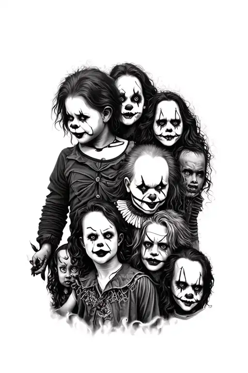 horror themed full back tattoo with all the original and famous horror characters, chucky, pennywise the clown, ect tattoo design idea