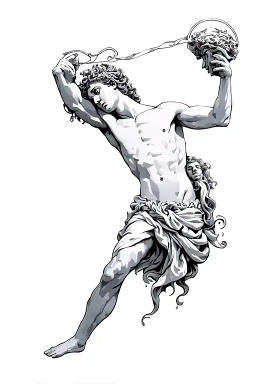 “A highly detailed black and grey tattoo design of Perseus holding the severed head of Medusa, in a dynamic and heroic p tattoo design idea