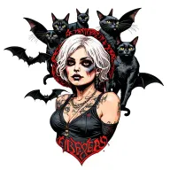 woman punk with gang of cats and bats tattoo design idea
