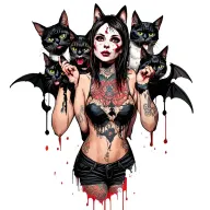 woman punk with gang of cats and bats tattoo design idea