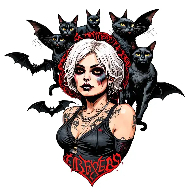 woman punk with gang of cats and bats tattoo design idea