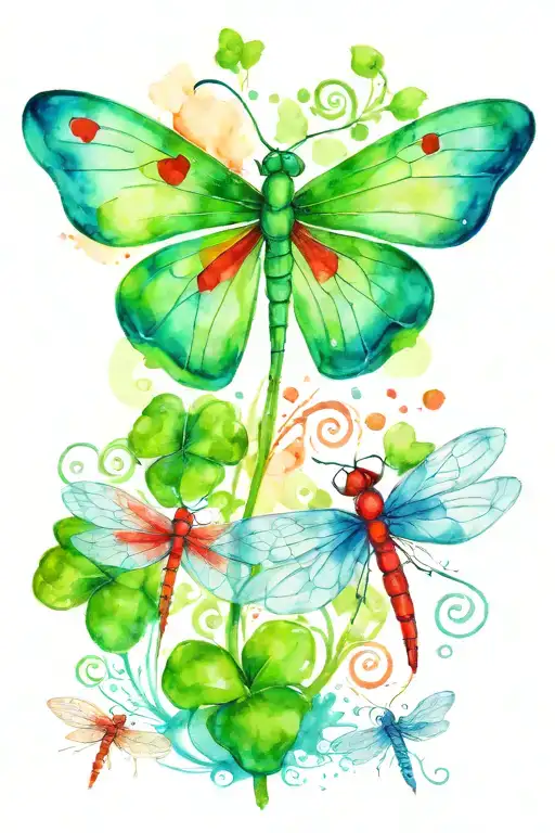 green 4 leaf clover with red and blue dragonflies pain grief tattoo design idea