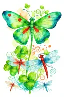 green 4 leaf clover with red and blue dragonflies pain grief tattoo design idea