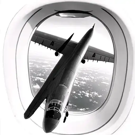 Black and white photograph. A view from an airplane window of a distant airplane. tattoo design idea
