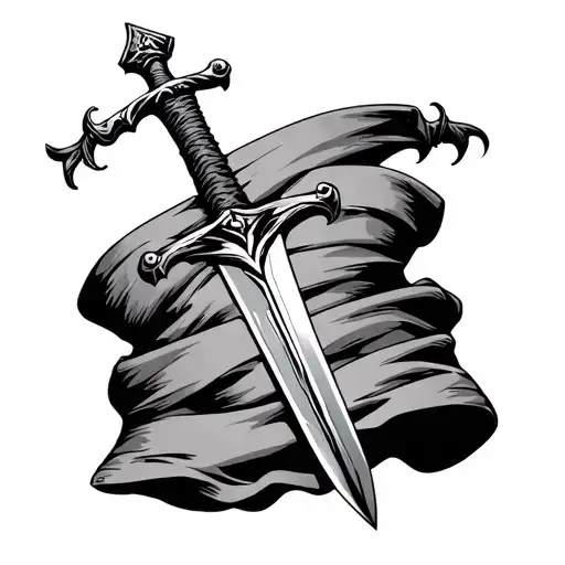Great sword, with a cloth wrapped around, text imprinted base on romans 8:18 tattoo design idea