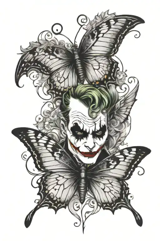 The Joker's face on one wing of the butterfly and Maleficent on the other wing of the butterfly, with a semicolon in the center. tattoo design idea